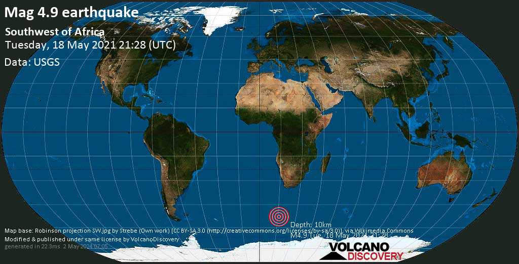 Moderate mag. 4.9 earthquake - South Atlantic Ocean on Tuesday, May 18, 2021 at 21:28 GMT