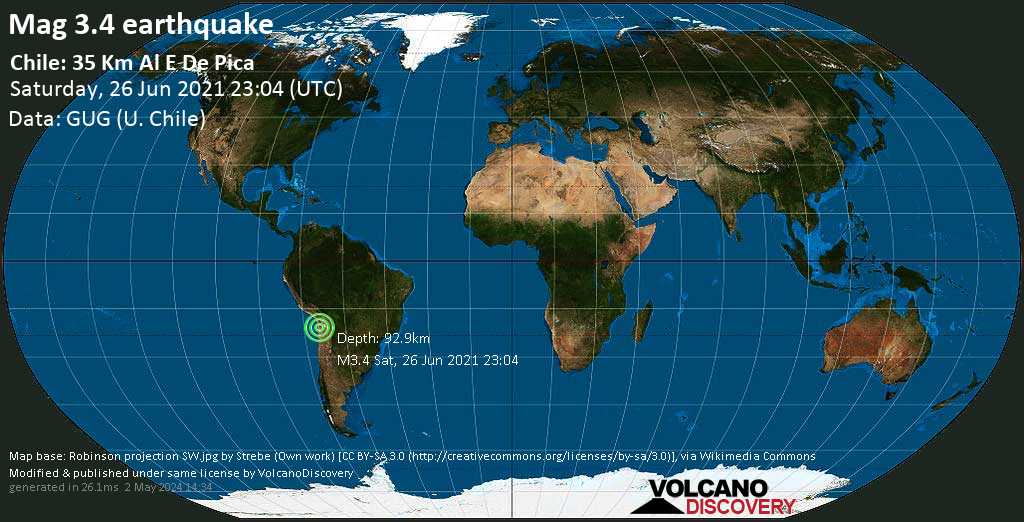 Незначительное землетрясение маг. 3.4 - Provincia del Tamarugal, 126 km к востоку от Икике, Provincia de Iquique, Тарапака, Чили, Суббота, 26 июня 2021 23:04