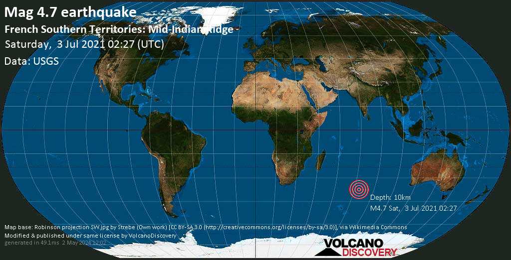 Μέτριος σεισμός μεγέθους 4.7 - Indian Ocean, Γαλλικά Νότια Εδάφη, Σάβ, 3 Ιου 2021 02:27 GMT