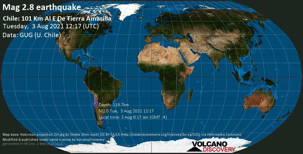 Sismo minore mag. 2.8 - 108 km a est da Copiapo, Atacama, Cile, martedì,  3 ago 2021 08:17 (GMT -4)