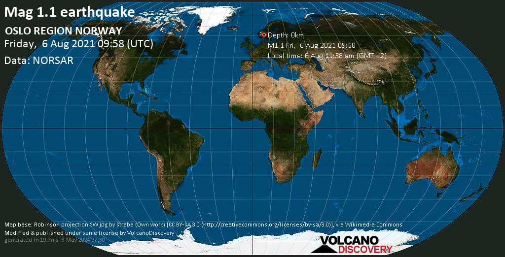Незначительное землетрясение маг. 1.1 - OSLO REGION NORWAY, Пятница,  6 авг 2021 11:58 (GMT +2)