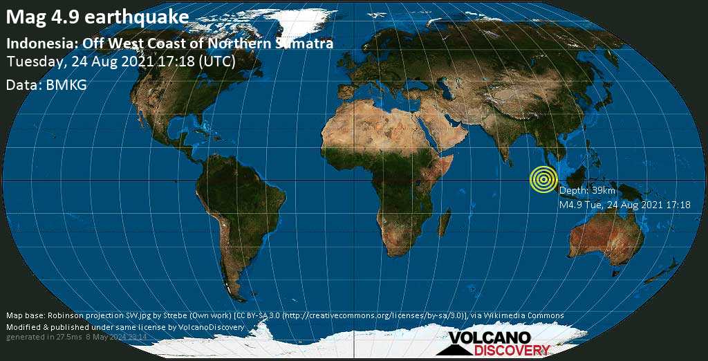 Moderate mag. 4.9 earthquake - Indian Ocean, 150 km southwest of Nias Island, North Sumatra, Indonesia, on Tuesday, Aug 24, 2021 11:18 pm (GMT +6)