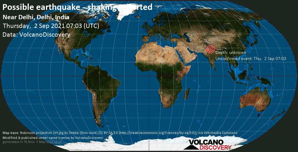 Séisme signalé ou événement semblable à un séisme: Sud de Delhi, 13 km au sud-est de New Delhi, Inde, jeudi,  2 sept. 2021 12:33 (GMT +5:30)