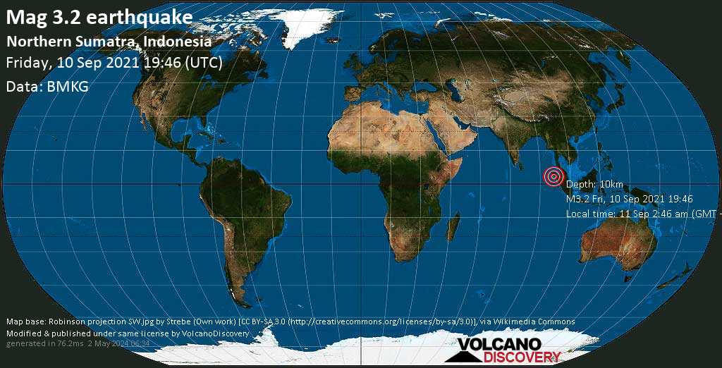 Light mag. 3.2 earthquake - Indian Ocean, 87 km south of Meulaboh, Kabupaten Aceh Barat, Indonesia, on Saturday, Sep 11, 2021 2:46 am (GMT +7)