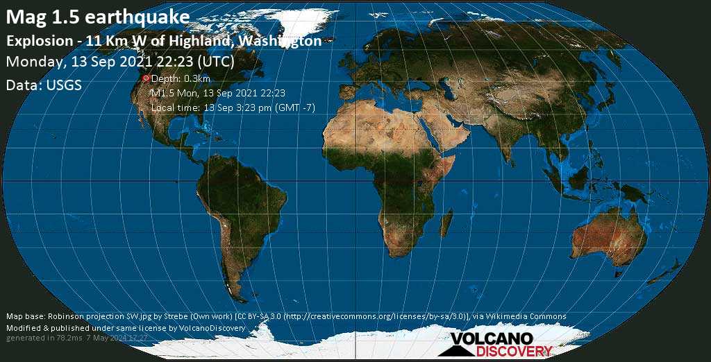 Minor mag. 1.5 earthquake - Explosion - 11 Km W of Highland, Washington, on Monday, Sep 13, 2021 3:23 pm (GMT -7)
