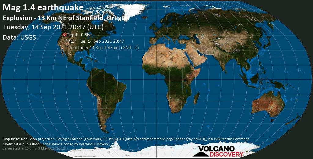 Minor mag. 1.4 earthquake - Explosion - 13 Km NE of Stanfield, Oregon, on Tuesday, Sep 14, 2021 1:47 pm (GMT -7)