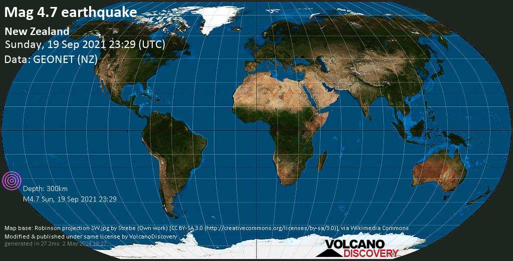 Light mag. 4.7 earthquake - South Pacific Ocean, New Zealand, on Monday, Sep 20, 2021 11:29 am (GMT +12)