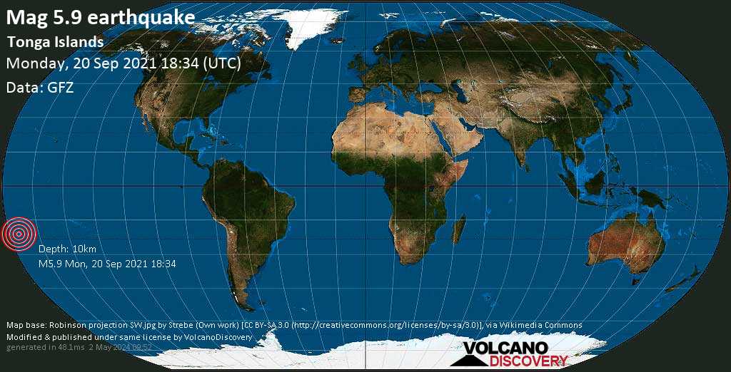 Tremblement de terre fort magnitude 5.9 - South Pacific Ocean, 109 km à l\'est de Nuku\'alofa, Tongatapu, mardi, 21 sept. 2021 07:34 (GMT +13)