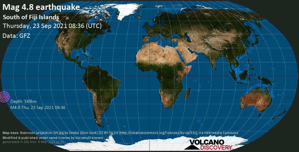 Séisme faible mag. 4.8 - South Pacific Ocean, Fidji, jeudi, 23 sept. 2021 21:36 (GMT +13)