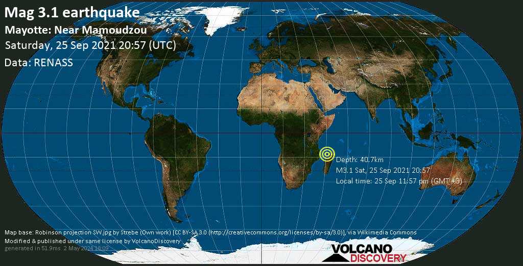 Weak mag. 3.1 earthquake - Mozambique Channel, 40 km east of Mamoudzou, Mayotte, on Saturday, Sep 25, 2021 11:57 pm (GMT +3)