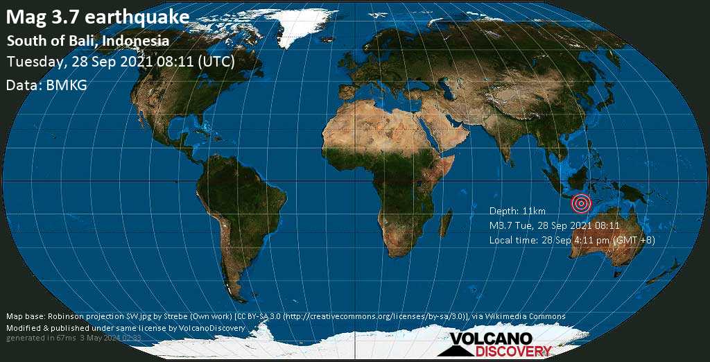 Terremoto leve mag. 3.7 - Indian Ocean, 161 km S of Denpasar, Bali, Indonesia, martes, 28 sep 2021 16:11 (GMT +8)