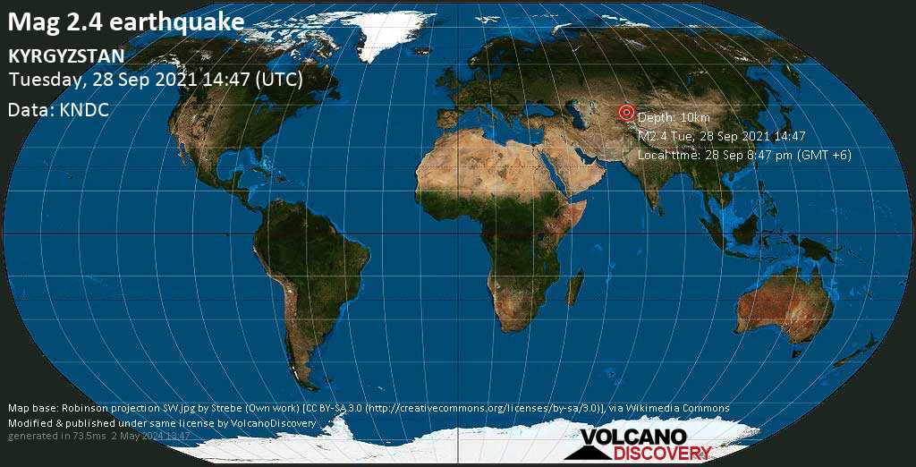 Séisme très faible mag. 2.4 - Talas, 21 km au nord-ouest de Toktogul, Jalal-Abad oblast, Kirghizistan, mardi, 28 sept. 2021 20:47 (GMT +6)