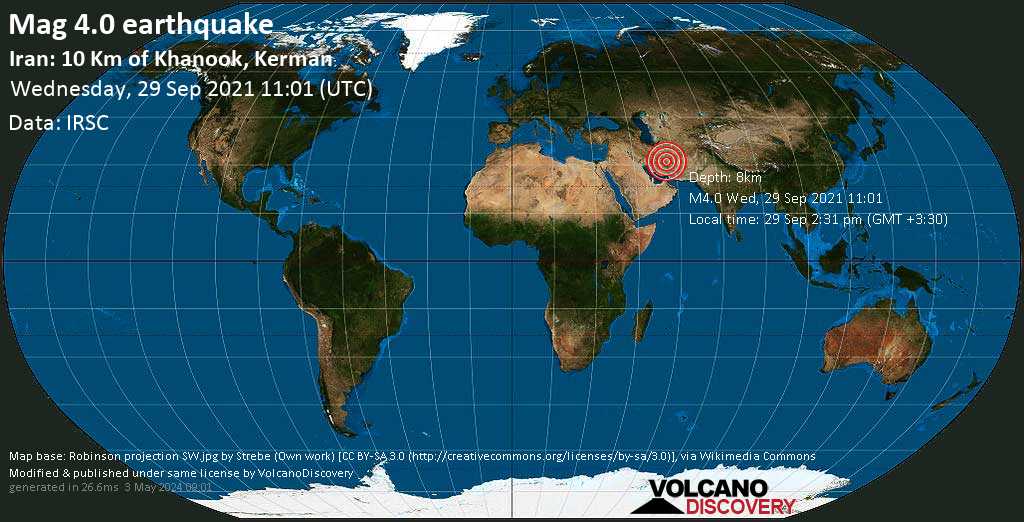 Moderate mag. 4.0 earthquake - 14 km east of Zarand, Kerman, Iran, on Wednesday, Sep 29, 2021 2:31 pm (GMT +3:30)