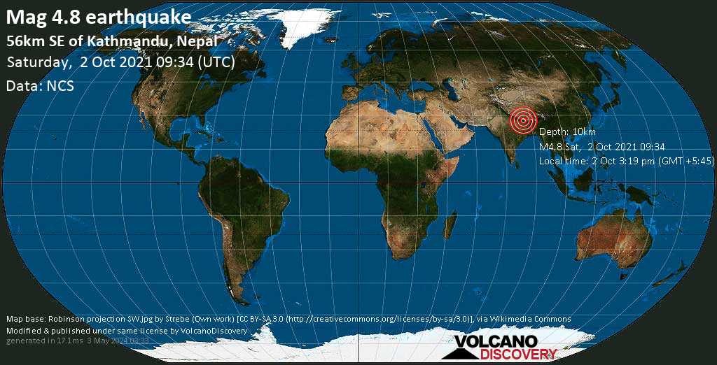Terremoto moderado mag. 4.8 - Sindhuli, 55 km SE of Kathmandu, Bagmati Province, Nepal, sábado,  2 oct 2021 15:19 (GMT +5:45)