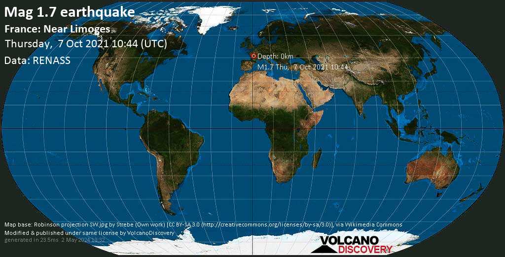 Minor mag. 1.7 earthquake - 14 km west of Limoges, Haute-Vienne, Nouvelle-Aquitaine, France, on Thursday, Oct 7, 2021 12:44 pm (GMT +2)