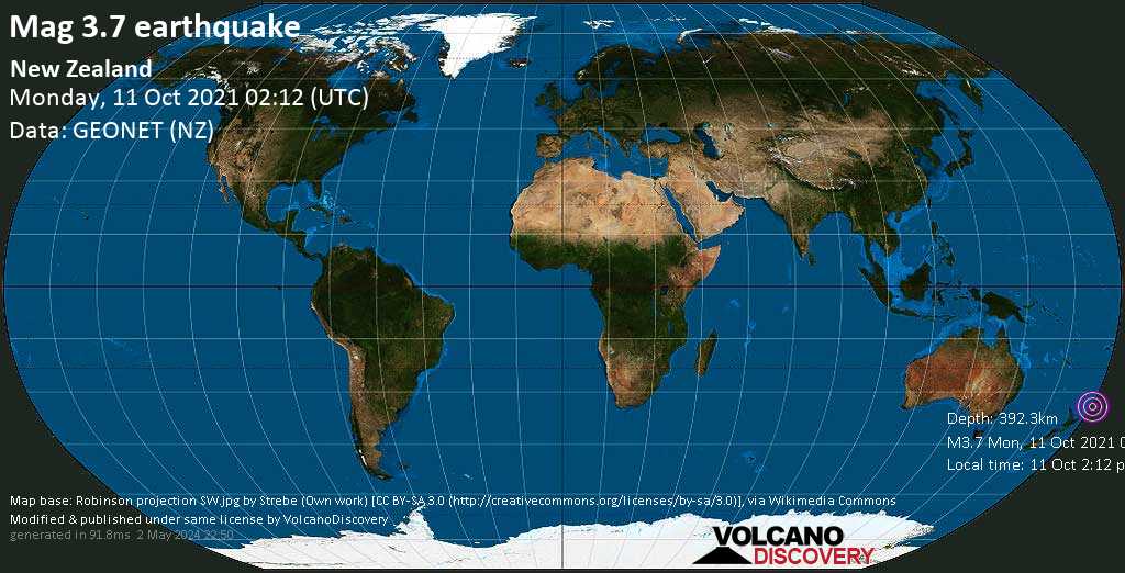 Незначительное землетрясение маг. 3.7 - South Pacific Ocean, Понедельник, 11 окт 2021 14:12 (GMT +12)