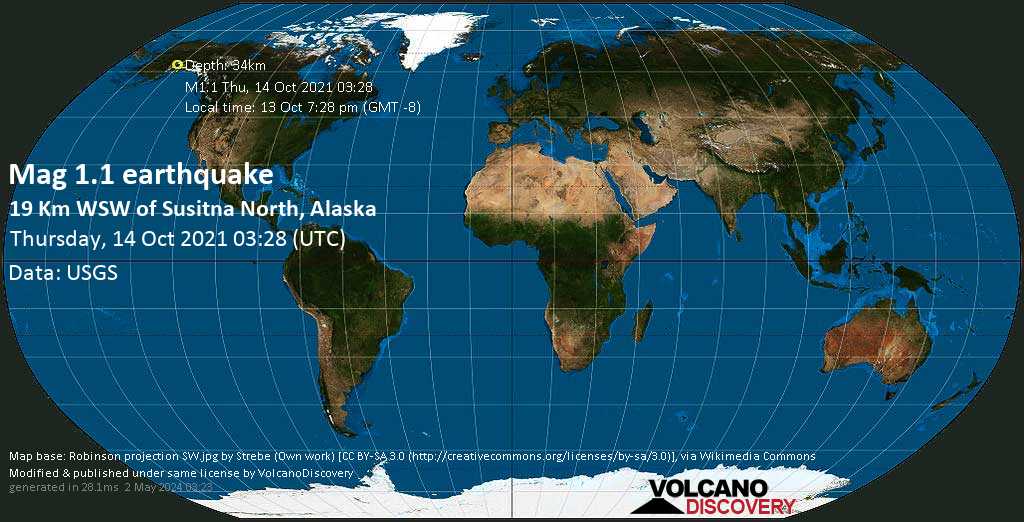 Sismo muy débil mag. 1.1 - 19 Km WSW of Susitna North, Alaska, miércoles, 13 oct 2021 19:28 (GMT -8)