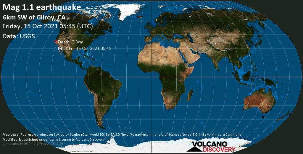 Minor mag. 1.1 earthquake - 6km SW of Gilroy, CA, on Thursday, Oct 14, 2021 10:45 pm (GMT -7)