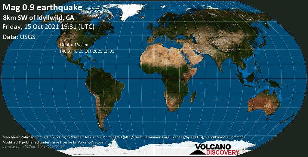Minor mag. 0.9 earthquake - 8km SW of Idyllwild, CA, on Friday, Oct 15, 2021 12:31 pm (GMT -7)