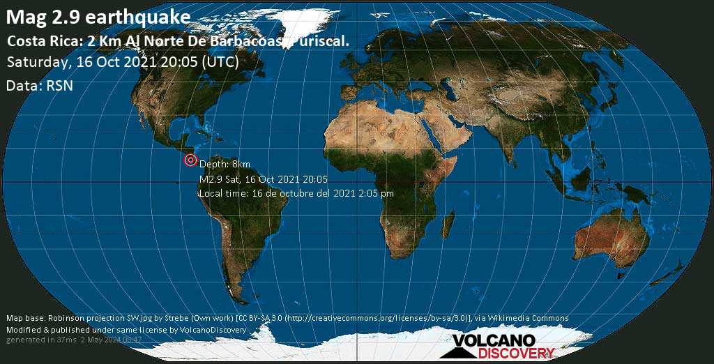 Light mag. 2.9 earthquake - Puriscal, Provincia de San José, Costa Rica, on Saturday, Oct 16, 2021 2:05 pm (GMT -6)