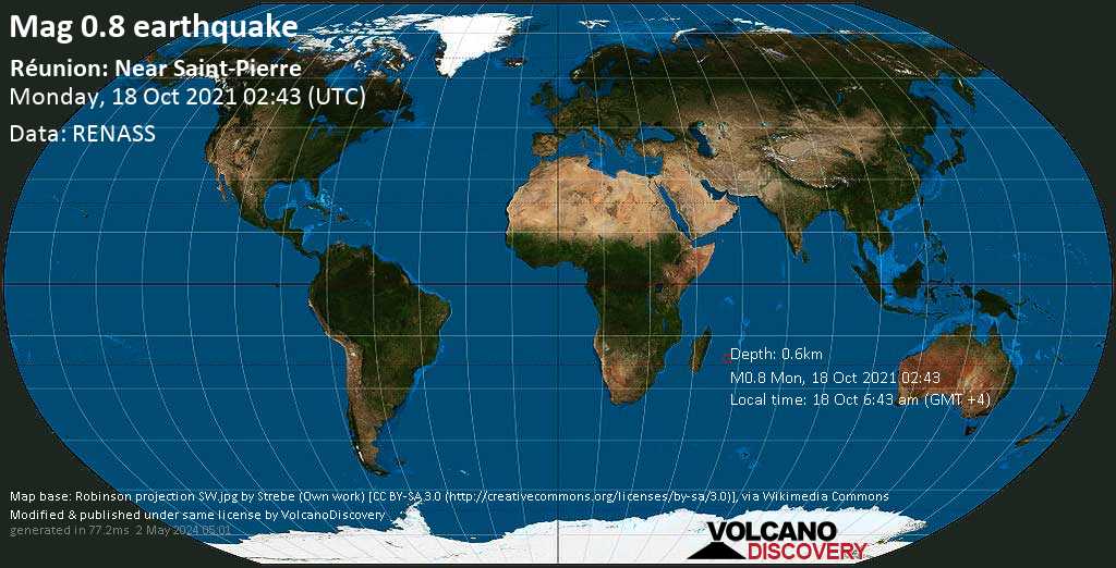 Sismo muy débil mag. 0.8 - Réunion: Near Saint-Pierre, lunes, 18 oct 2021 06:43 (GMT +4)