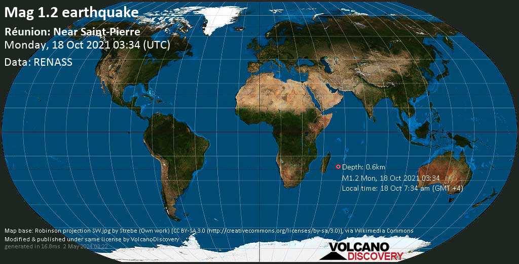 Незначительное землетрясение маг. 1.2 - Réunion: Near Saint-Pierre, Понедельник, 18 окт 2021 07:34 (GMT +4)