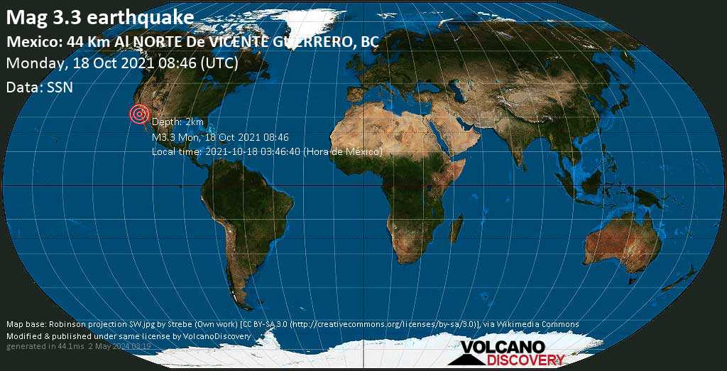 Слабое землетрясение маг. 3.3 - 31 km к северу от Camalu, Мексика, Понедельник, 18 окт 2021 01:46 (GMT -7)