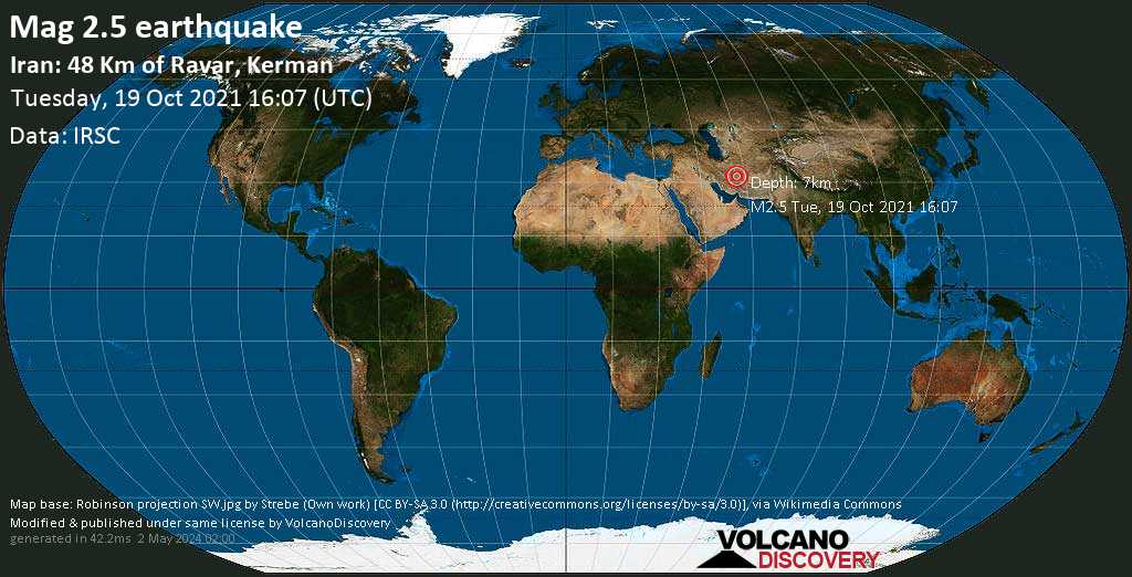 Weak mag. 2.5 earthquake - 48 km northeast of Rāvar, Kerman, Iran, on Tuesday, Oct 19, 2021 7:37 pm (GMT +3:30)