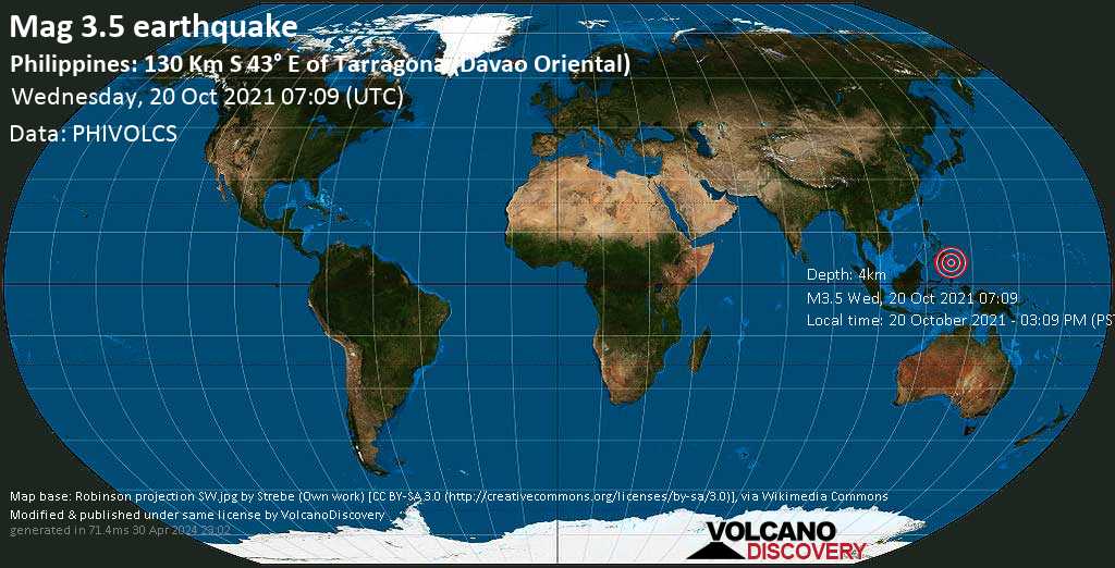 Séisme faible mag. 3.5 - Philippine Sea, 142 km au sud-est de Mati, Philippines, mercredi, 20 oct. 2021 15:09 (GMT +8)