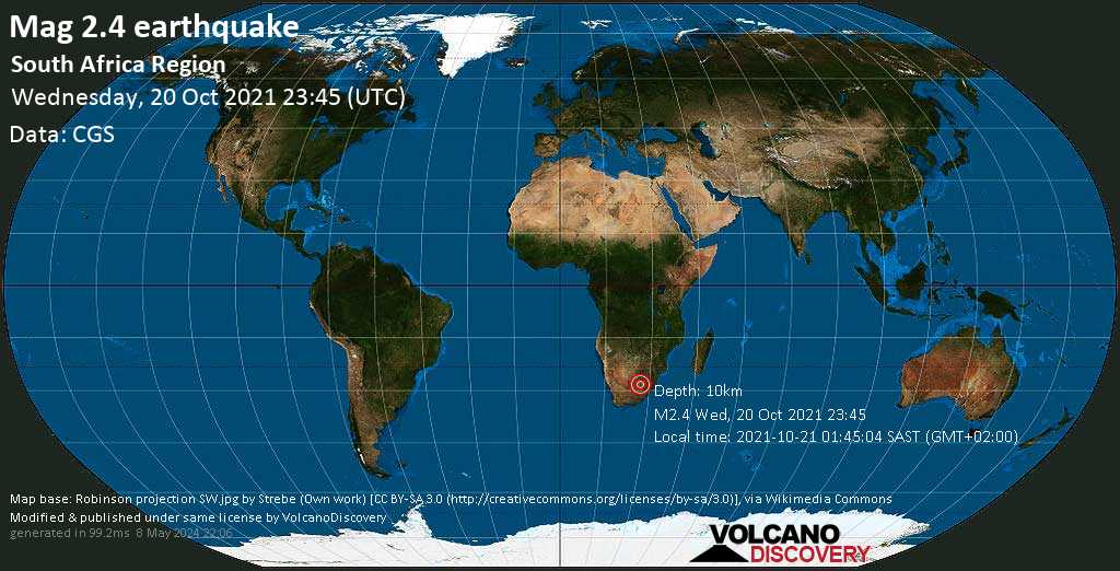 Слабое землетрясение маг. 2.4 - Lejweleputswa District Municipality, Южно-Африканская Республика, Четверг, 21 окт 2021 01:45 (GMT +2)