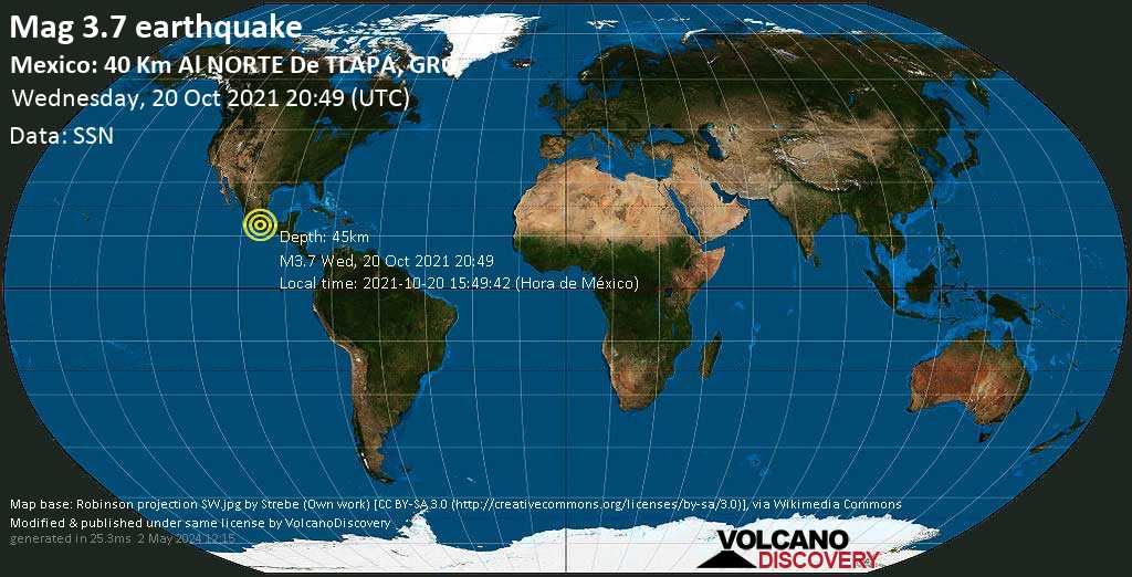 Weak mag. 3.7 earthquake - Xochihuehuetlan, 40 km north of Tlapa de Comonfort, Guerrero, Mexico, on Wednesday, Oct 20, 2021 3:49 pm (GMT -5)