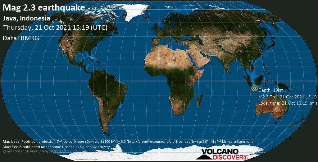 Αδύναμος σεισμός μεγέθους 2.3 - 16 km βορειοανατολικά από Ciamis, Ινδονησία, Πέμπτη, 21 Οκτ 2021 22:19 (GMT +7)