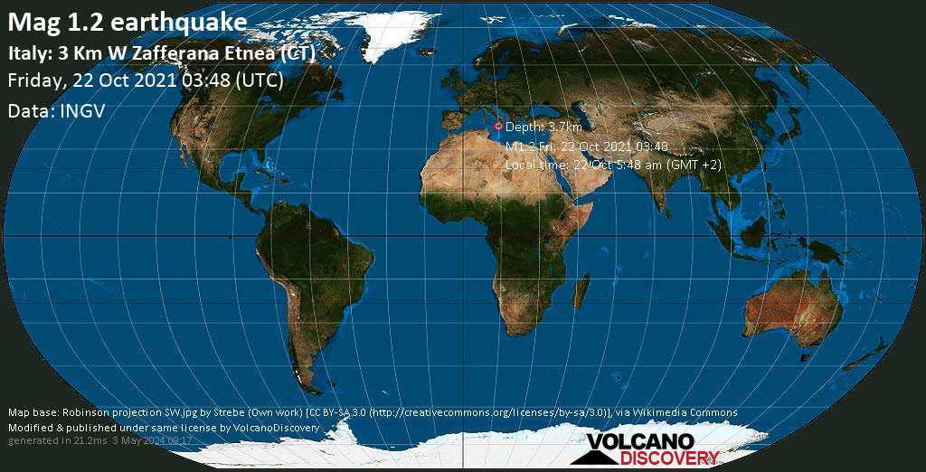 Μικρός σεισμός μεγέθους 1.2 - Italy: 3 Km W Zafferana Etnea (CT), Παρασκευή, 22 Οκτ 2021 05:48 (GMT +2)