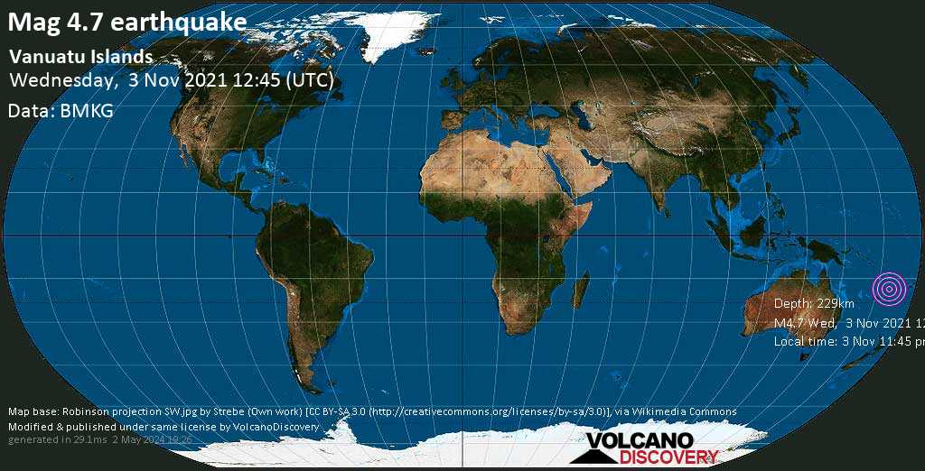 Light mag. 4.7 earthquake - Coral Sea, 78 km southeast of Port Vila, Shefa Province, Vanuatu, on Wednesday, Nov 3, 2021 11:45 pm (GMT +11)