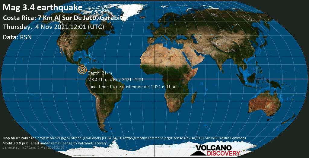 Light mag. 3.4 earthquake - North Pacific Ocean, 74 km southwest of San Jose, San José, Costa Rica, on Thursday, Nov 4, 2021 6:01 am (GMT -6)