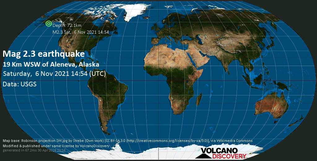 Séisme mineur mag. 2.3 - 19 Km WSW of Aleneva, Alaska, samedi,  6 nov. 2021 06:54 (GMT -8)