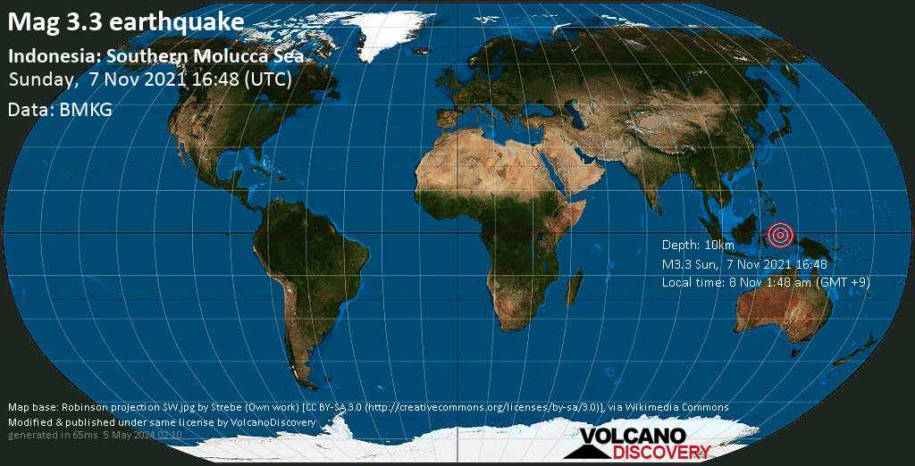 Light mag. 3.3 earthquake - Molucca Sea, Indonesia, on Monday, Nov 8, 2021 1:48 am (GMT +9)