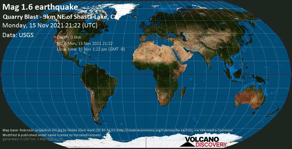 Minor mag. 1.6 earthquake - Quarry Blast - 9km NE of Shasta Lake, CA, on Monday, Nov 15, 2021 at 1:22 pm (GMT -8)
