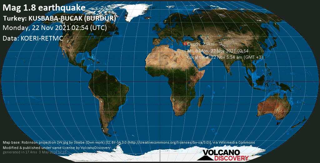 Μικρός σεισμός μεγέθους 1.8 - 17 km δυτικά από Bucak, Τουρκία, Δευτέρα, 22 Νοε 2021 05:54 (GMT +3)