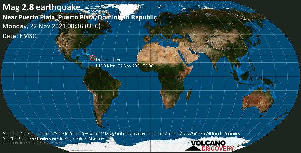 Αδύναμος σεισμός μεγέθους 2.8 - 15 km νότια από Puerto Plata, Δομινικανή Δημοκρατία, Δευτέρα, 22 Νοε 2021 04:36 (GMT -4)