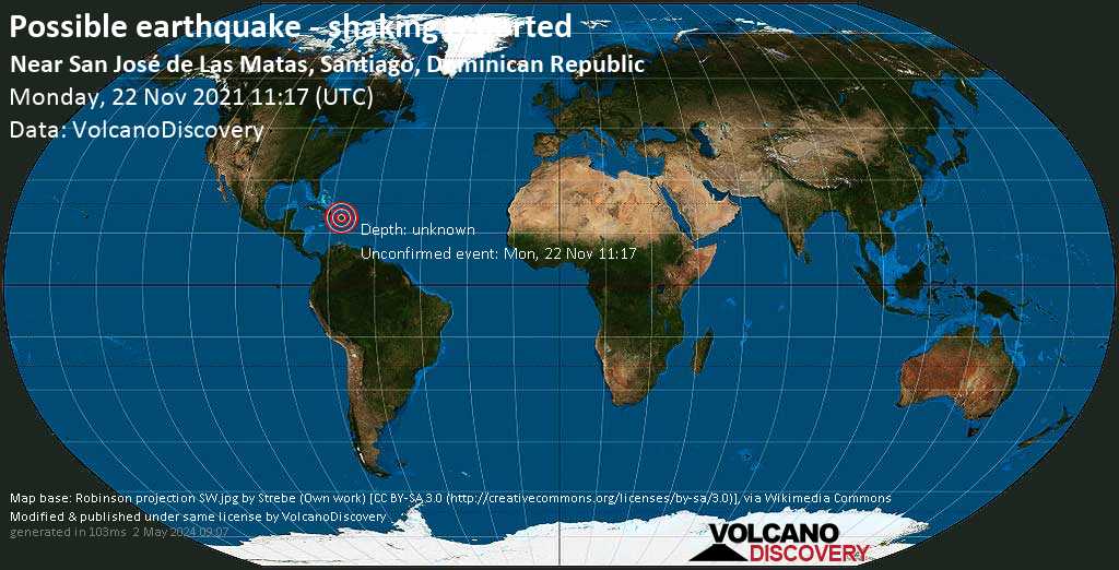 Αναφερόμενος σεισμός ή συμβάν παρόμοιο με σεισμό: San José de Las Matas, Santiago, 48 km νοτιοδυτικά από Santa Cruz de Mao, Δομινικανή Δημοκρατία, Δευτέρα, 22 Νοε 2021 07:17 (GMT -4)