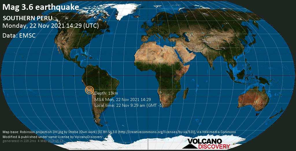 Light mag. 3.6 earthquake - Provincia de Caylloma, 86 km northwest of Arequipa, Peru, on Monday, Nov 22, 2021 9:29 am (GMT -5)