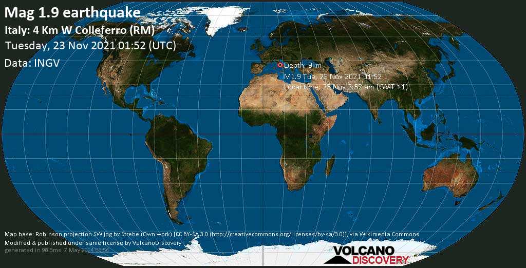 Sismo minore mag. 1.9 - 3.9 km a ovest da Colleferro, Italia, martedì, 23 nov 2021 02:52 (GMT +1)