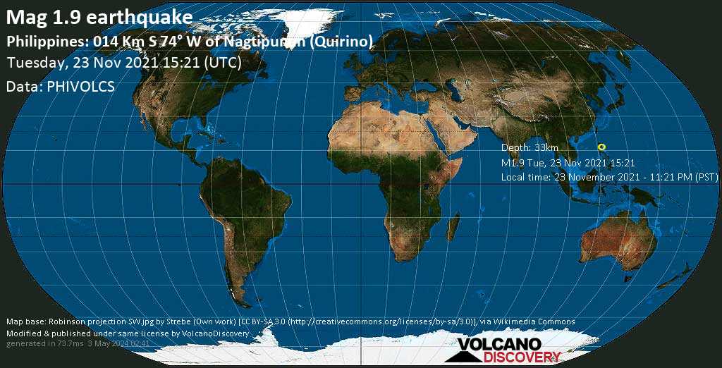 Sismo minore mag. 1.9 - Province of Quirino, 48 km a sud-est da Bayombong, Filippine, martedì, 23 nov 2021 23:21 (GMT +8)
