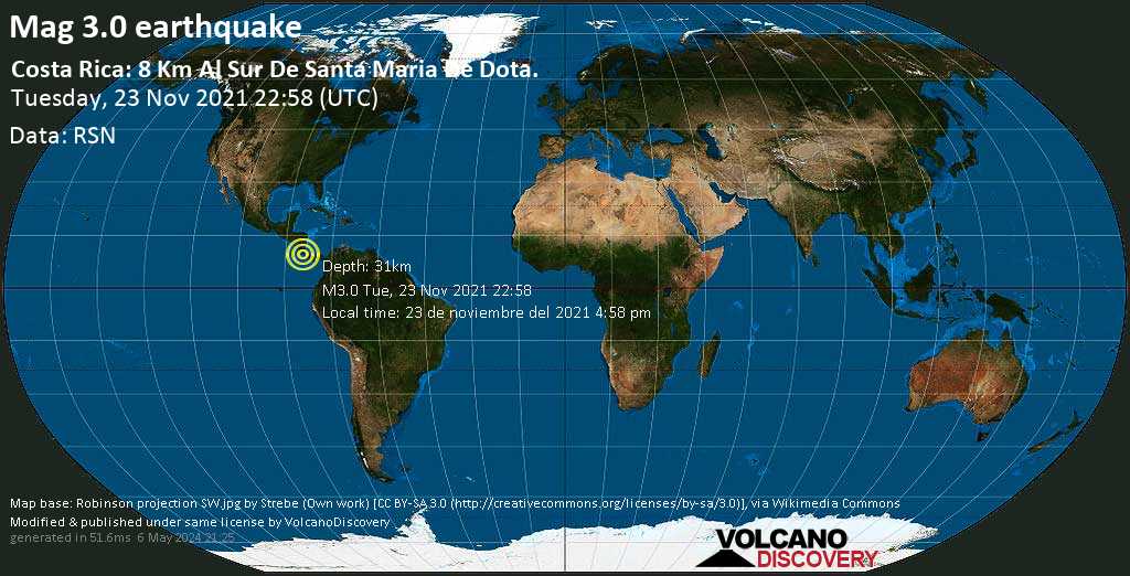 Αδύναμος σεισμός μεγέθους 3.0 - Dota, 41 km νότια από Σαν Χοσέ, San José, Κόστα Ρίκα, Τρίτη, 23 Νοε 2021 16:58 (GMT -6)