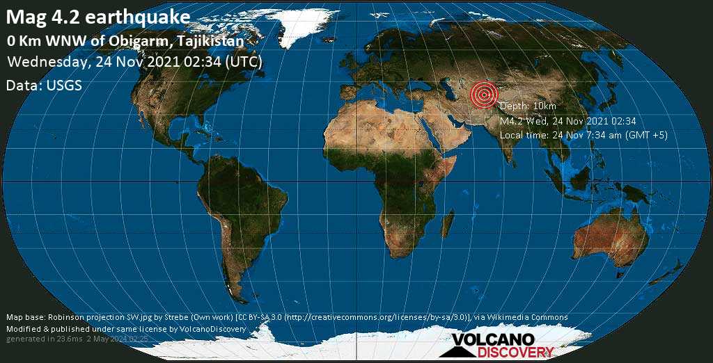 Terremoto moderato mag. 4.2 - 0.3 km a ovest da Obigarm, Roghun, Republican Subordination, Tagikistan, mercoledì, 24 nov 2021 07:34 (GMT +5)