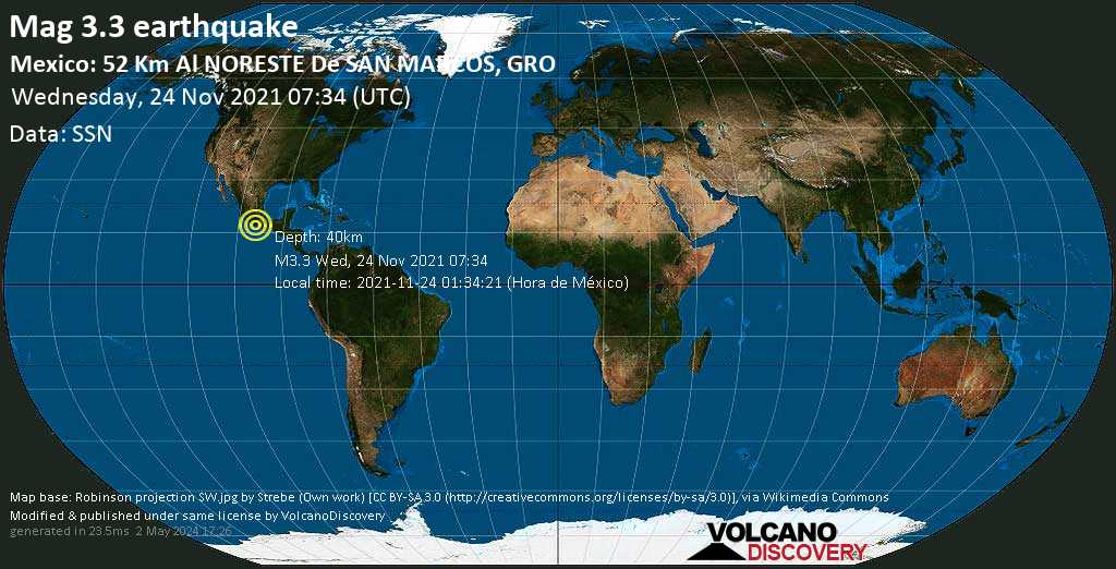 Αδύναμος σεισμός μεγέθους 3.3 - 16 km ανατολικά από Ayutla de los Libres, Guerrero, Μεξικό, Τετάρτη, 24 Νοε 2021 01:34 (GMT -6)