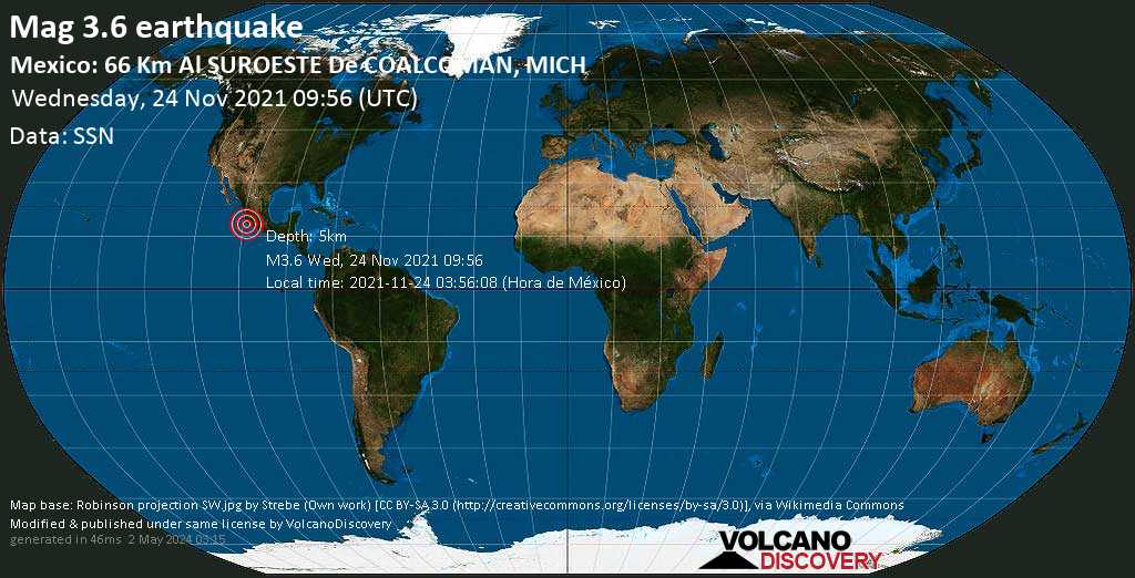 Light mag. 3.6 earthquake - North Pacific Ocean, 44 km south of Aquila, Michoacan, Mexico, on Wednesday, Nov 24, 2021 3:56 am (GMT -6)
