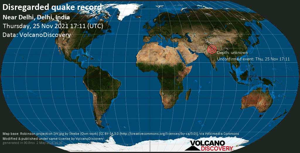 Άγνωστο γεγονός (αναφέρθηκε αρχικά ως σεισμός): South West, 12 km δυτικά από Νέο Δελχί, New Delhi, Ινδία, Πέμπτη, 25 Νοε 2021 22:41 (GMT +5:30)