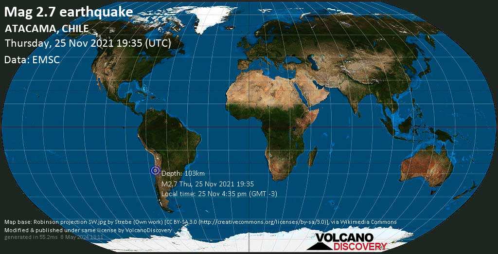 Sismo muy débil mag. 2.7 - 56 km SSE of Copiapo, Atacama, Chile, jueves, 25 nov 2021 16:35 (GMT -3)